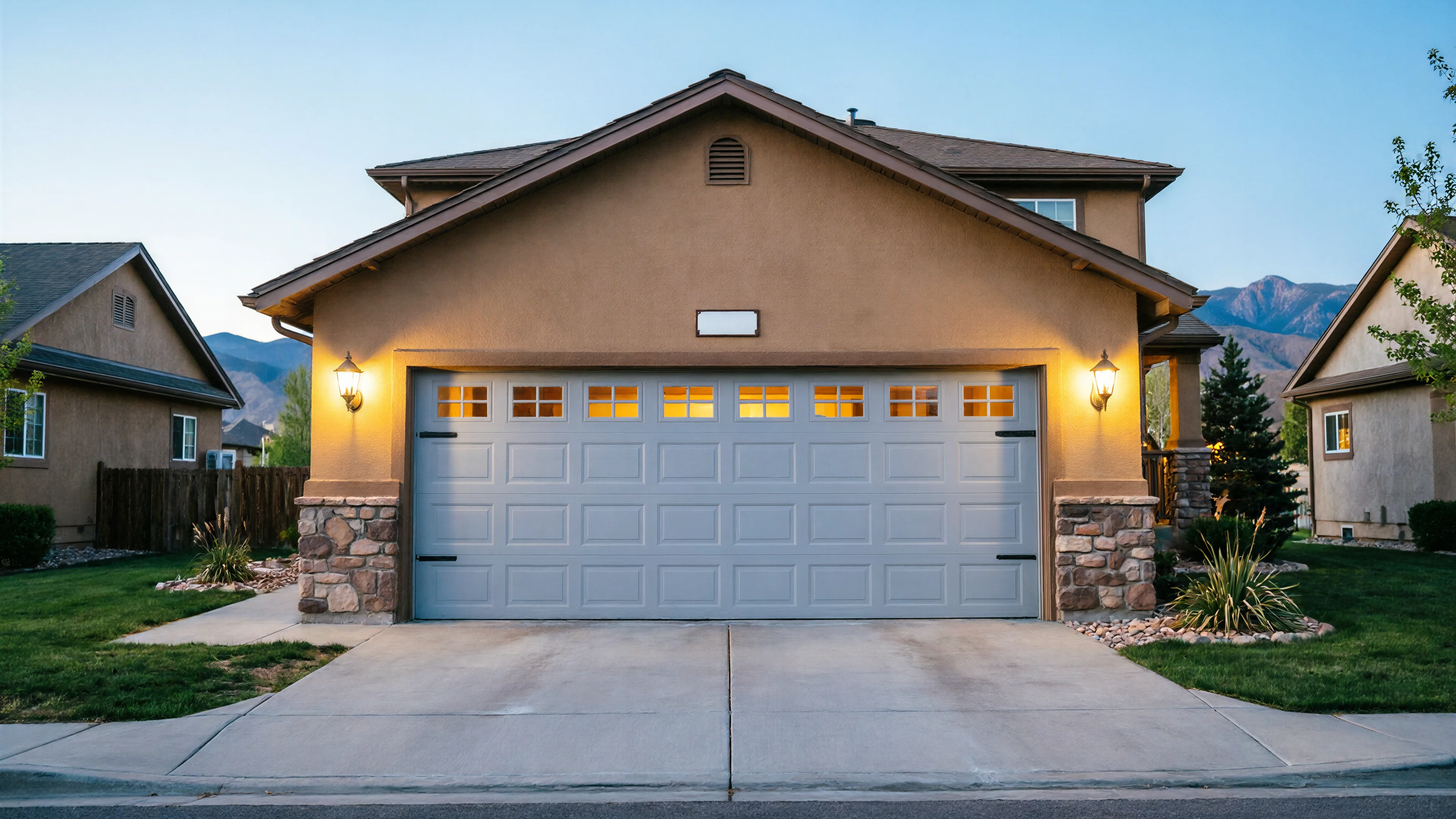 The house has a light gray garage door with windows and two wall lights.